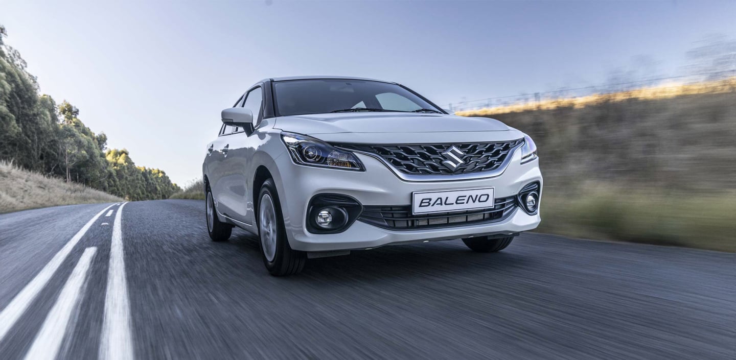 Suzuki Baleno hatchback pictured on a road, from Suzuki Auto South Africa